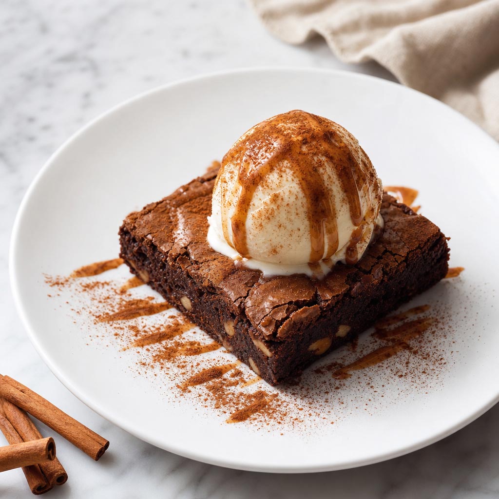 Brownie con helado y canela