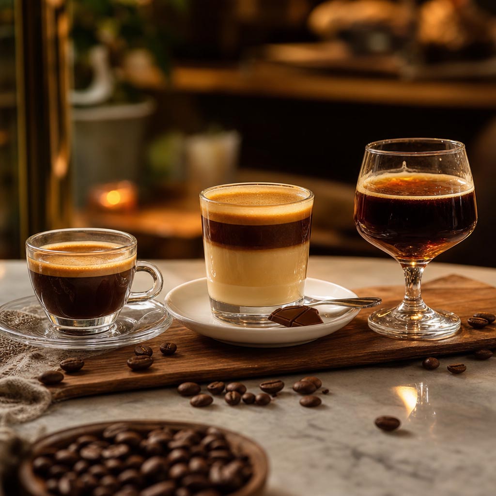 Café solo doble, bombón, carajillo