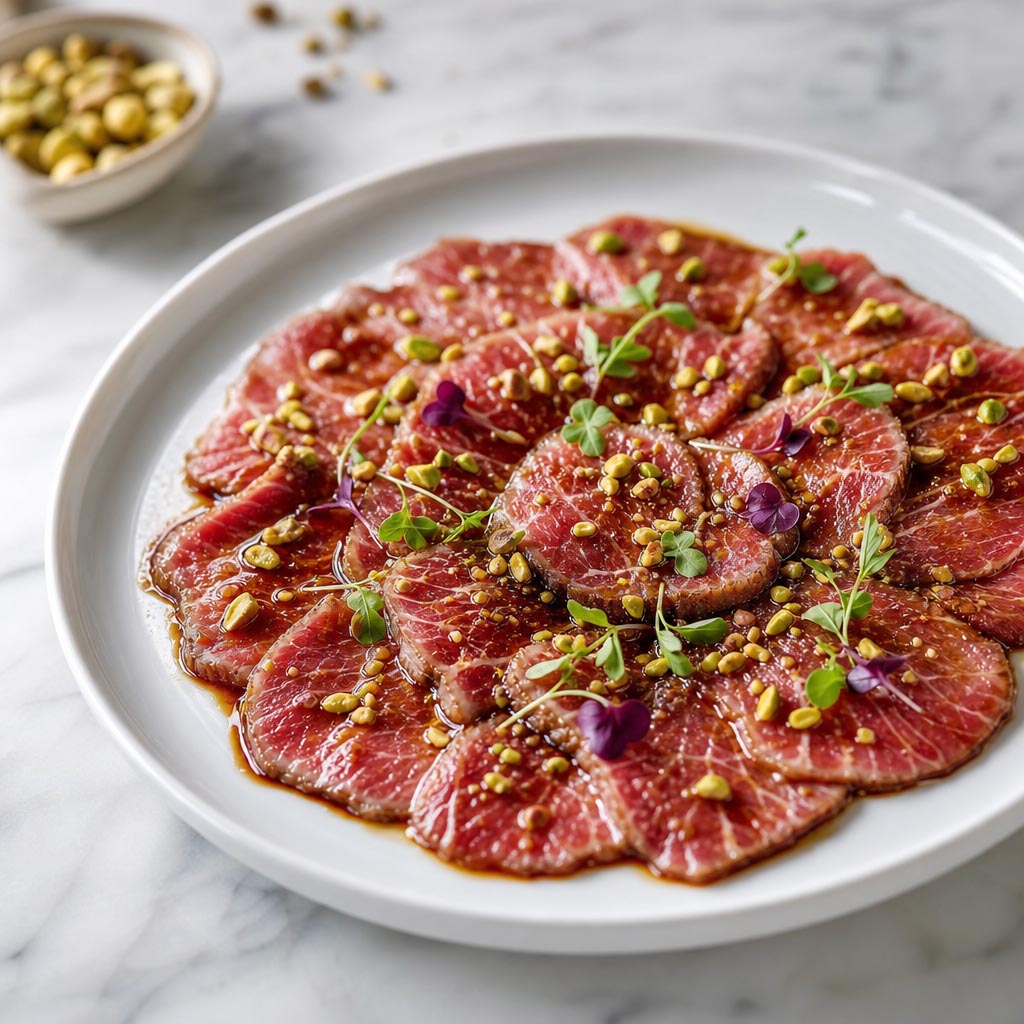 Carpaccio de presa ibérica macerada en soja y pistacos