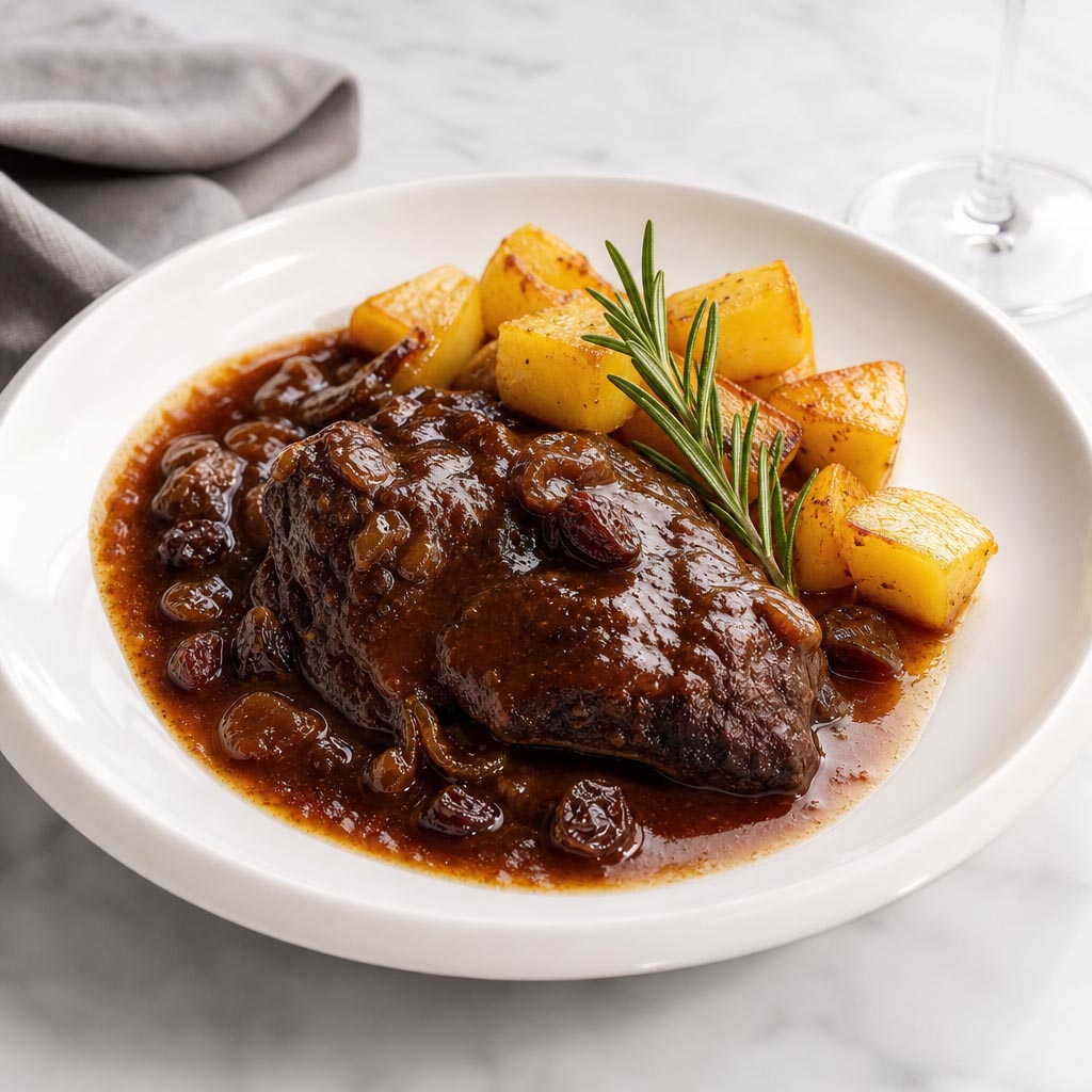Carrillada con salsa PX, pasas y patatas