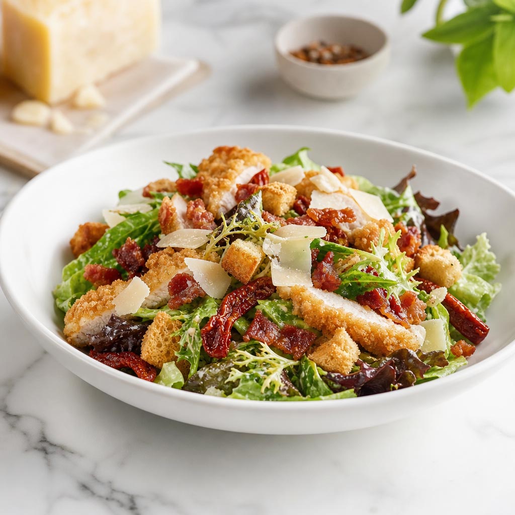 Cesar las maravillas: mezclun de lechuga, picatostes, pollo empanado, bacon, tomate seco y parmesano