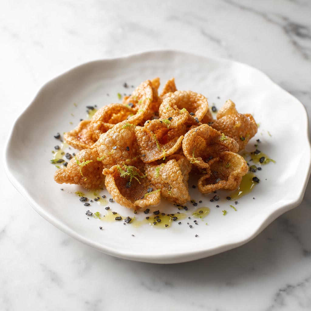Chicharrones Iberico de Cádiz ahumado con lima, aceite de oliva y sal negra