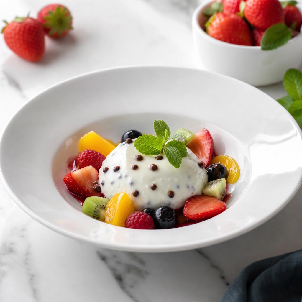 Cremoso de yogur chispeante con frutas