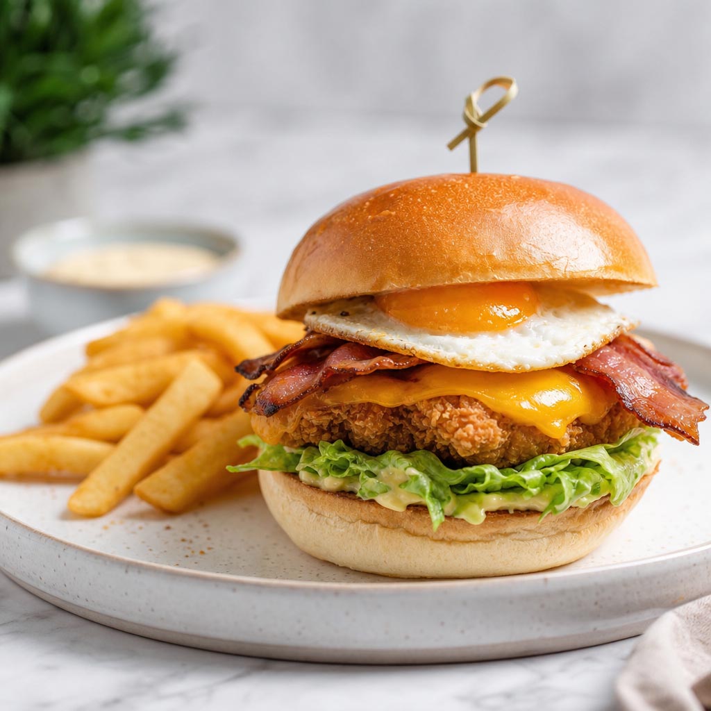 Hamburguesa crispy chiken: crispy chiken, bacon, queso cheddar, lechuga y huevo
