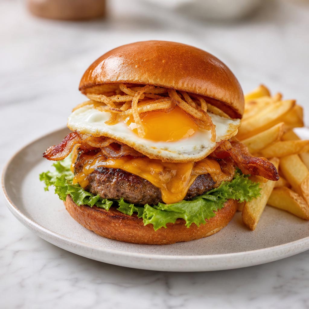 Hamburguesa gourmet: carne de buey, bacon, queso cheddar, lechuga, huevo y cebolla frita