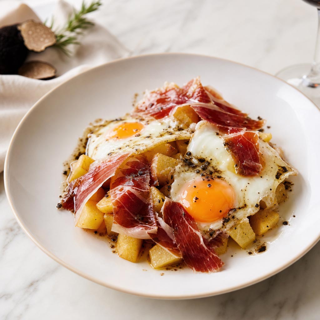 Huevos rotos con patatas, jamón iberico y aceite de trufa negra