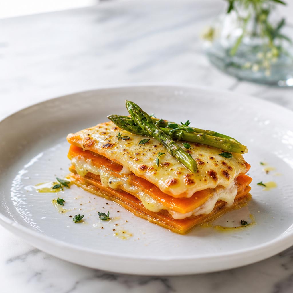 Milhoja de boniato con queso Payoyo gratinado y esparrago