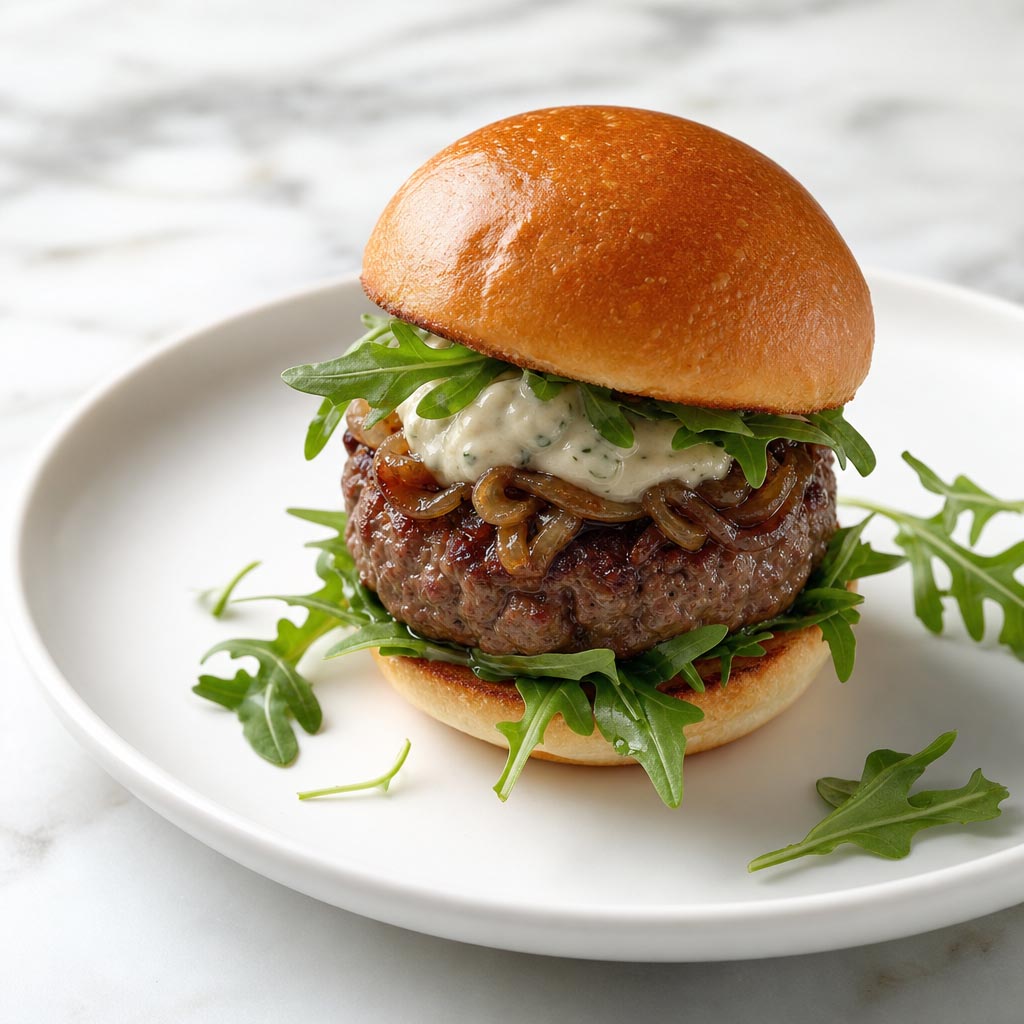 Mini burger de Buey con cebolla caramelizada, rucula y salsa tartara