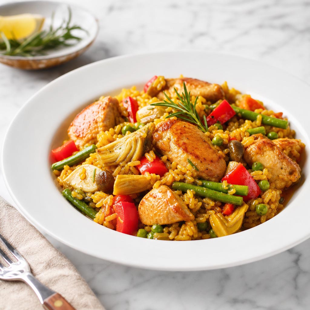 Paella de verdura y pollo