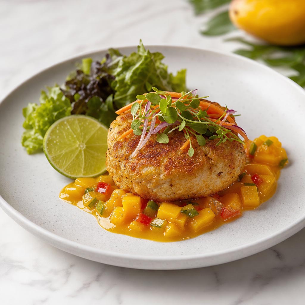 Pastel de pescado frito con salsa de mango