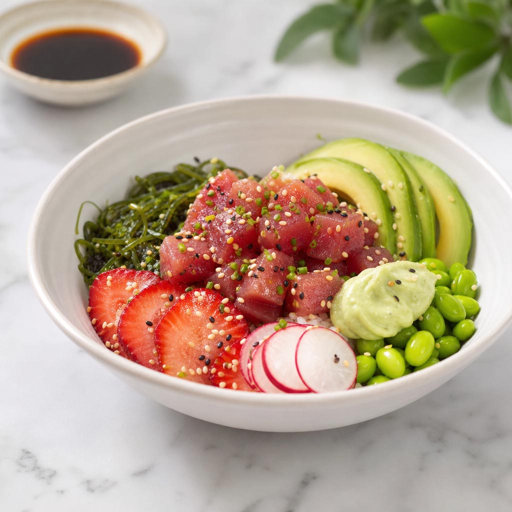 Poke Bowl hawaiano: arroz, atún macerado, edamame, mayonesa de wasabi, wakame, rábano, fresa, sésamo tostado, aguacate y soja