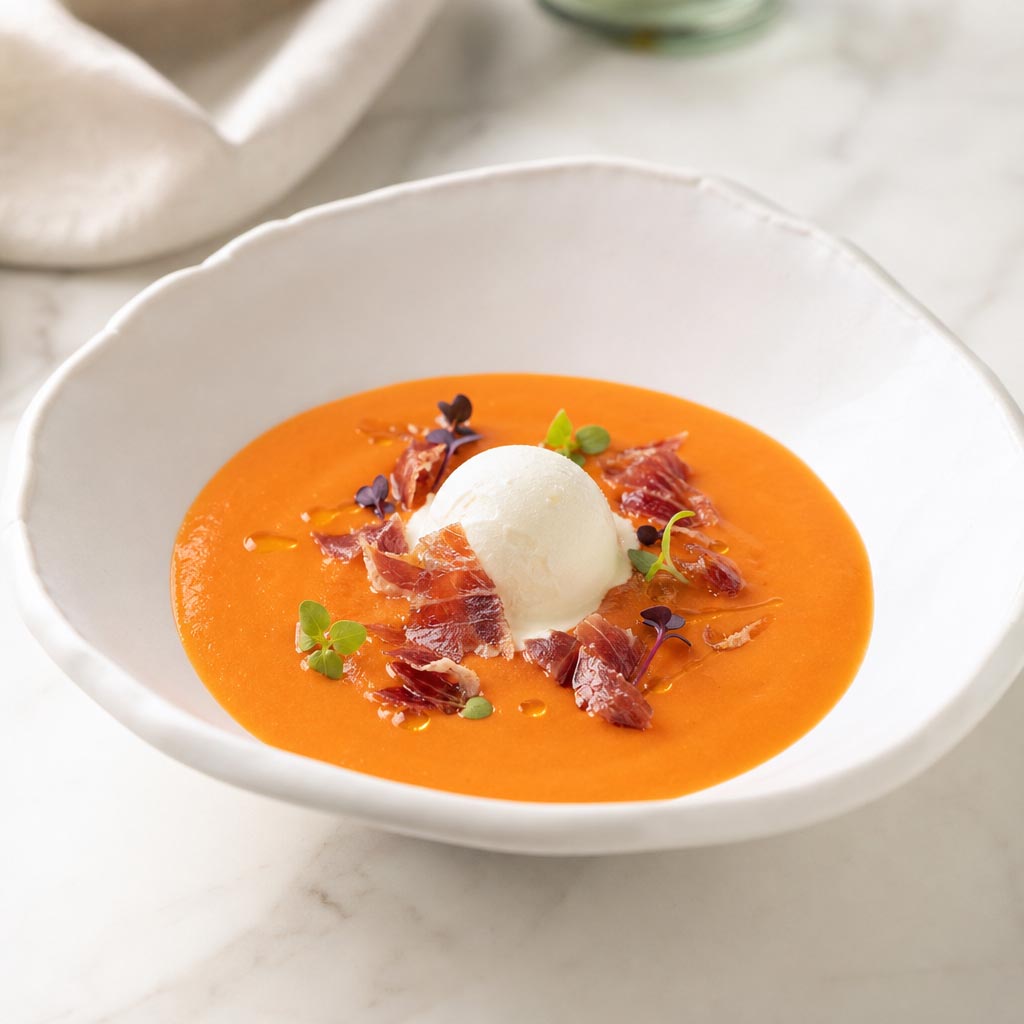 Salmorejo cordobes con helado de mascarpone y virutas de jamón