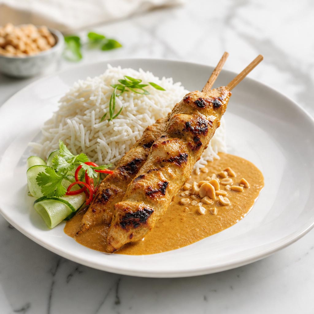 Saté de pollo con arroz basmati