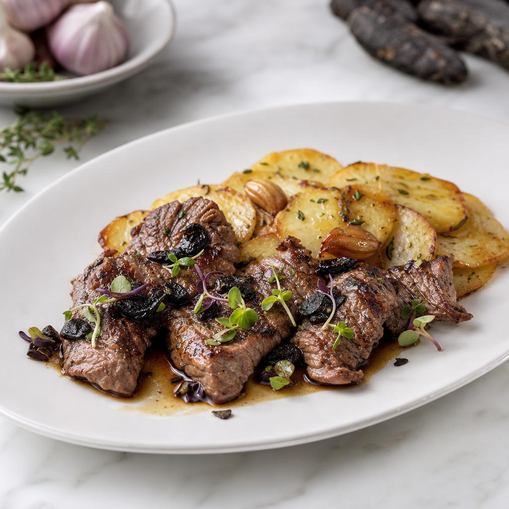 Secreto iberico al ajo negro con patatas panaderas