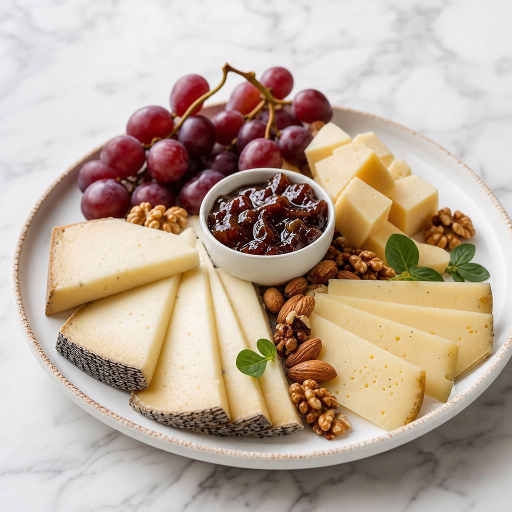 Tabla de quesos rondeños con confitura, uvas y frutos secos