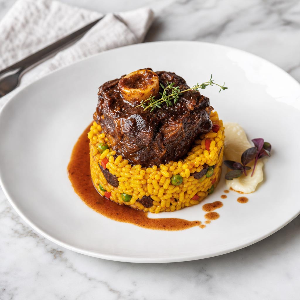 Timbal de paella con rabo de toro